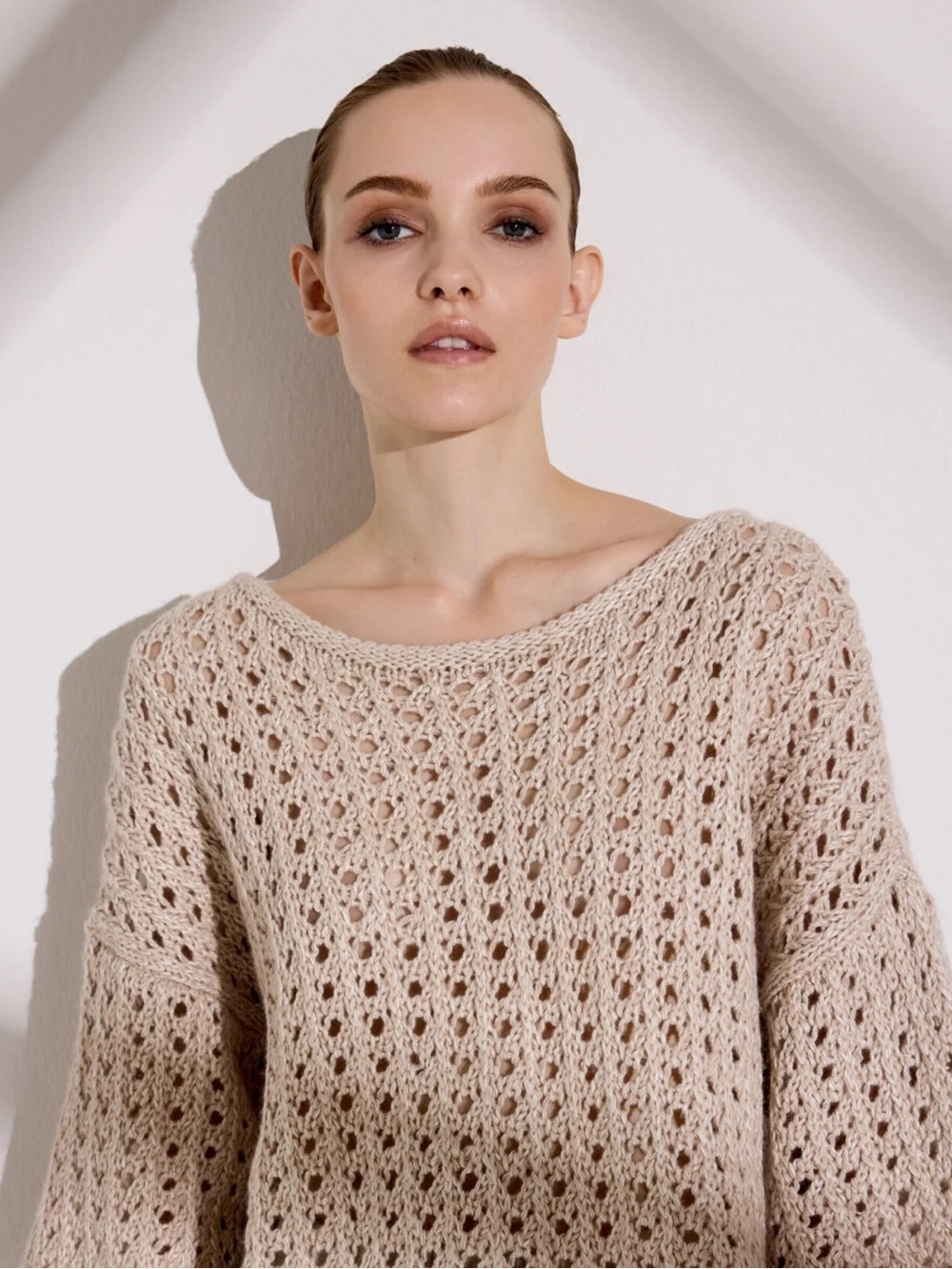 James Perse Open-Knit Off-the-Shoulder Sweater in Beige